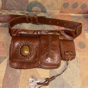 VTG tooled Brown Leather lapis lazuli utility Belt Bag